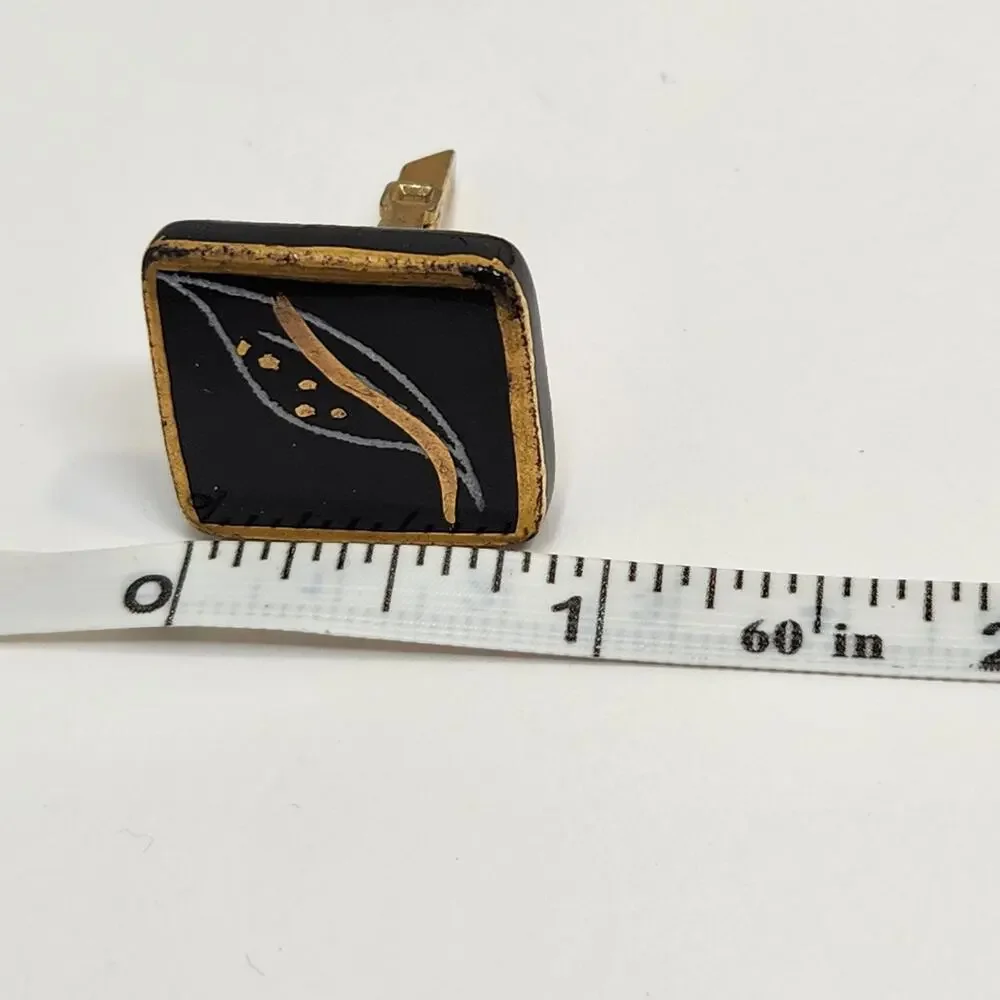 Hand Painted Ceramic Black Gold Tone Cufflinks Vintage 1960s MCM Leaf Motif